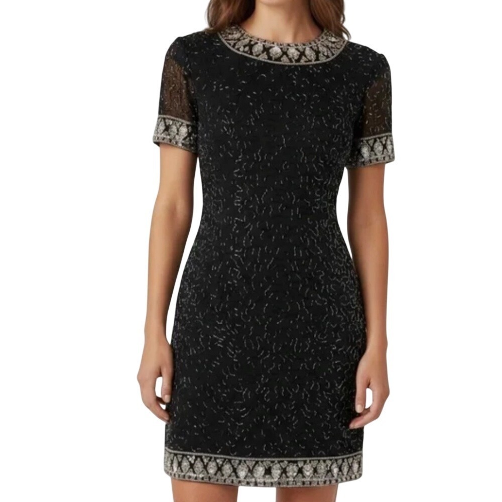 A.J.‎ Bari Beaded Silk Cocktail Dress Womens 10 Black Gold